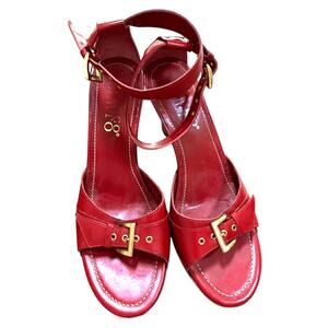 Franco Sarto red leather platform high heels sandals gold buckles US 8M